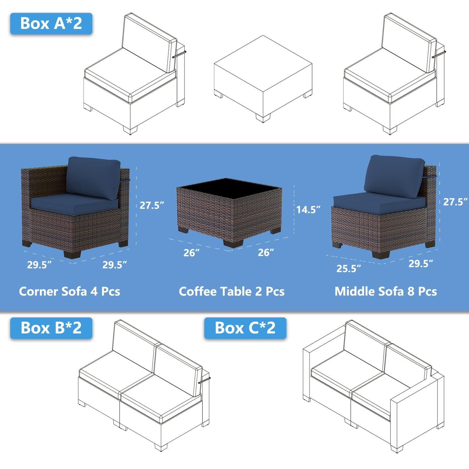 ASJMR Outdoor Patio Furniture Set, 14 Pieces Outdoor Sectional Sofa, All-Weather PE Rattan Conversation Set with Tempered Glass Top Table & Cushions(Dark Blue)