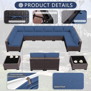 ASJMR Outdoor Patio Furniture Set, 14 Pieces Outdoor Sectional Sofa, All-Weather PE Rattan Conversation Set with Tempered Glass Top Table & Cushions(Dark Blue)
