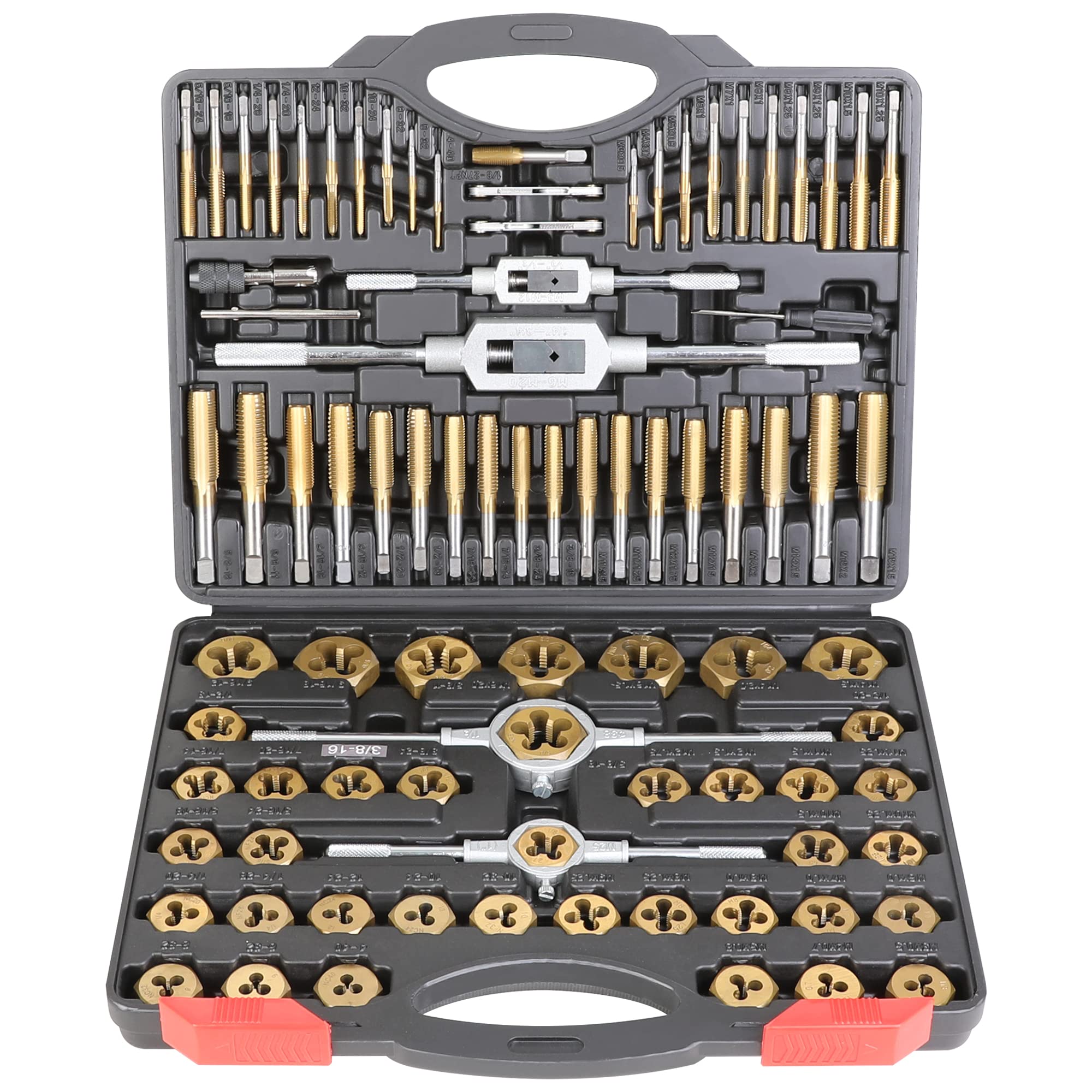 WYNNsky Die and Tap Set in SAE and Metric, Hex Threading Dies for External Threads, Thread Tap for Internal Threads, Thread Wrench, Thread Pitch Gauge, 86 Pieces Gauge Kit for DIY Tapered