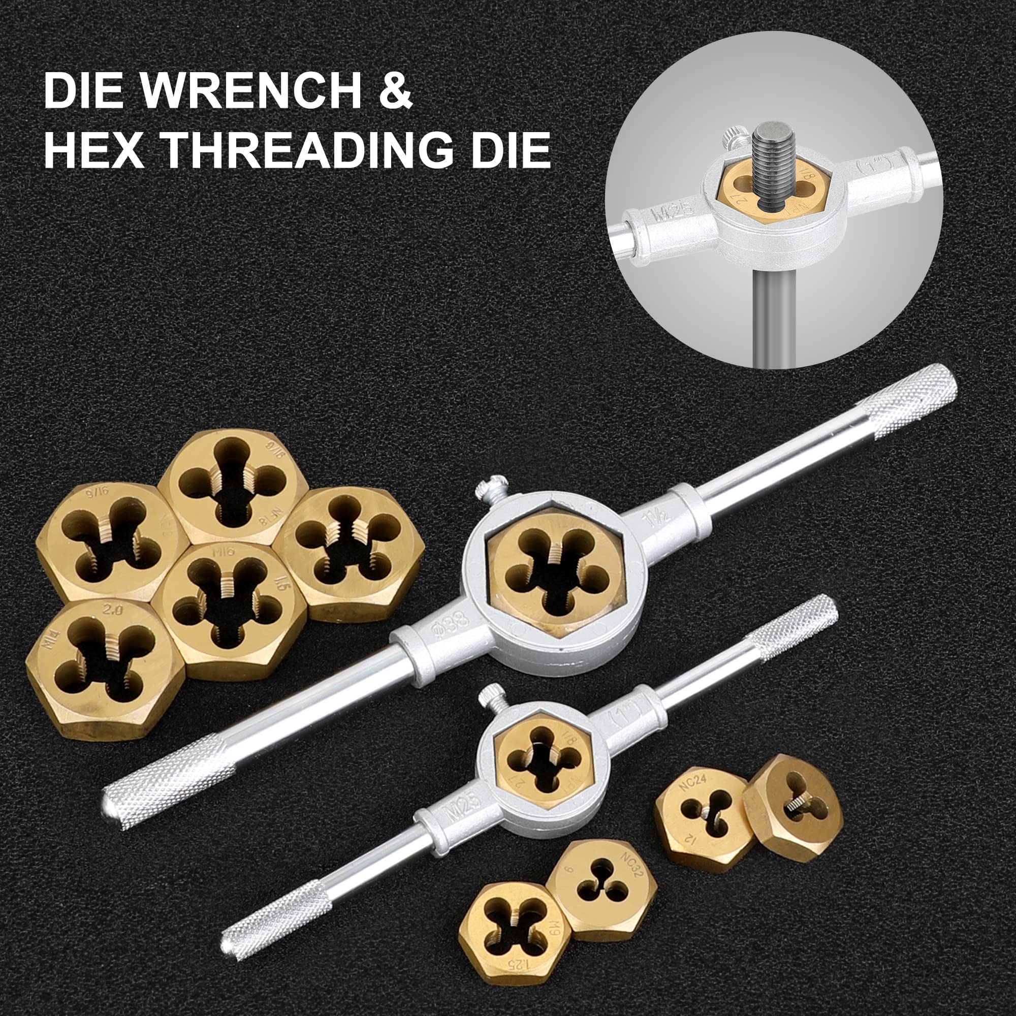 WYNNsky Die and Tap Set in SAE and Metric, Hex Threading Dies for External Threads, Thread Tap for Internal Threads, Thread Wrench, Thread Pitch Gauge, 86 Pieces Gauge Kit for DIY Tapered
