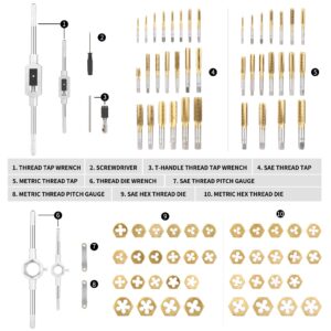 WYNNsky Die and Tap Set in SAE and Metric, Hex Threading Dies for External Threads, Thread Tap for Internal Threads, Thread Wrench, Thread Pitch Gauge, 86 Pieces Gauge Kit for DIY Tapered