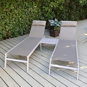 Domi Patio 3 Pieces Aluminum Textilene Chaise Lounge Set with Side Table Outdoor,Adjustable Back&Pillow for Yard,Garden,Sunbathing,for All Seasons,Gray(2022 New)