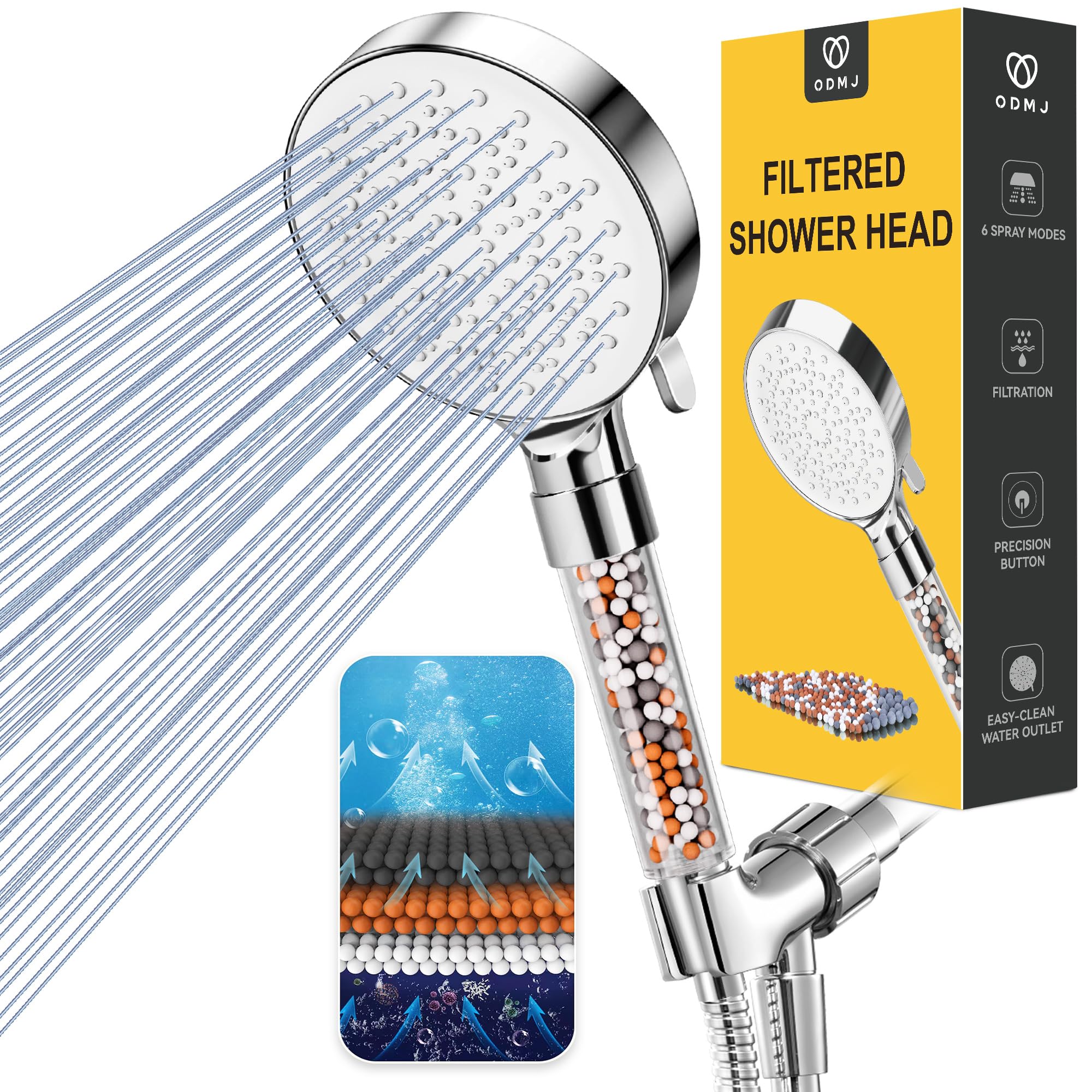 ODMJ Filtered Shower Head, High Pressure Shower Head with 6 Settings, Handheld Shower Head with 59" Hose and Bracket, Shower Head Filter for Hard Water, Water Saving Spray Soft Spa Shower Head