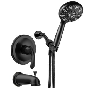 wrisin black shower faucet set with tub spout (valve included), black shower head and handle set, bathtub faucet set with 4.7 inch & 6 setting handheld