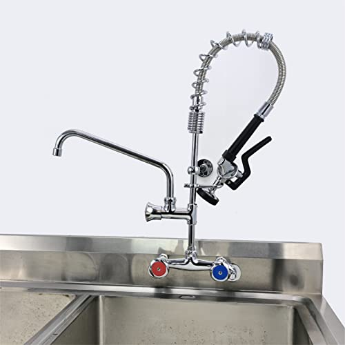 MaxSen Commercial Sink Faucet with Sprayer 25" Height Pre-Rinse Faucet 4" to 8" Adjustable Center Wall Mount Kitchen Faucet Restaurant Compartment Sink Faucet with 12” Swivel Spout Chrome