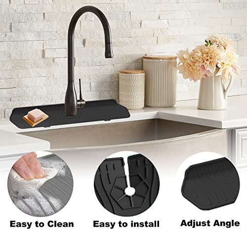 17.7" Faucet Handle Drip Catcher Tray,Silicone Self Draining Faucet Splash Guard,Reuseable Kitchen Sink Mat Fit Most Faucet,Bathroom Sink Absorbent Countertop Drying Faucet Pad