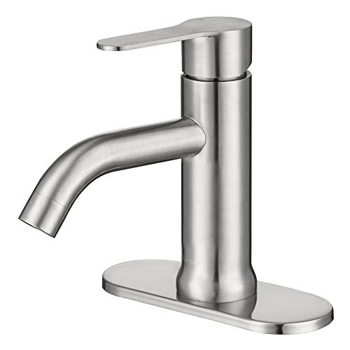 Bainser Brushed Nickel Bathroom Faucet Single Hole Washbasin Faucet with Deck Plate for 1 or 3 Holes, Bathroom Mixer Tap with Removable Aerator, Matte