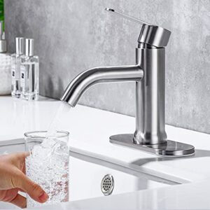 Bainser Brushed Nickel Bathroom Faucet Single Hole Washbasin Faucet with Deck Plate for 1 or 3 Holes, Bathroom Mixer Tap with Removable Aerator, Matte