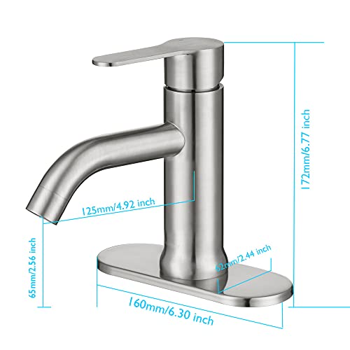 Bainser Brushed Nickel Bathroom Faucet Single Hole Washbasin Faucet with Deck Plate for 1 or 3 Holes, Bathroom Mixer Tap with Removable Aerator, Matte