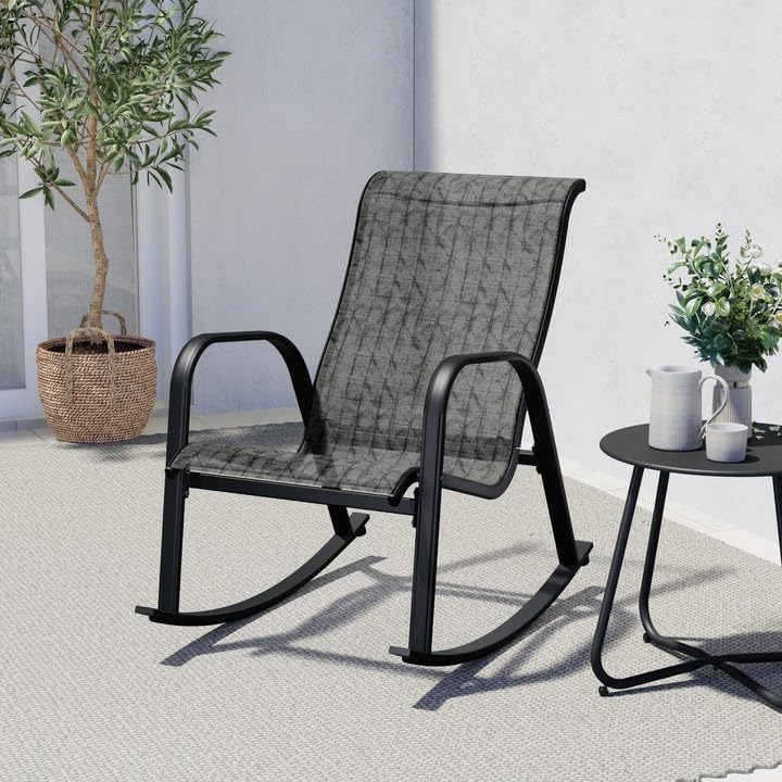 Grand patio Outdoor Mesh Sling Rocking Chair, Steel Rocker Chair Seating Outside for Front Porch, Garden, Patio, Backyard (Black&Grey Plaid 1PC)