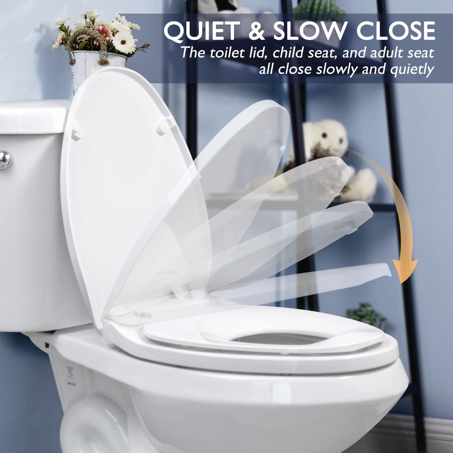 Elongated Toilet Seat with Slow Close Seat, Easy Clean, Suitable Standard Elongated or Oval Toilet with Thickened Plastic Lid, Plastic, White