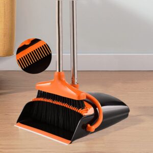broom and dustpan set - upright dustpan and broom combo set - self cleaning with dustpan teeth standing dust pan for home kitchen easy assembly, orange