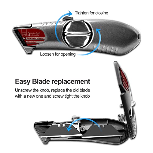 HAUTMEC Heavy-Duty Retractable Utility Knife, one-piece 3 Position Fixed Blade Box Cutter, Aluminum Alloy Shell with 3 extra blades HT0247-KN