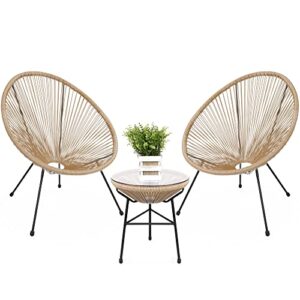 best choice products 3-piece outdoor acapulco all-weather patio conversation bistro set w/plastic rope, glass top table and 2 chairs - natural
