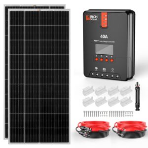 rich solar 400 watt 12v solar kit contains 2 high efficiency 200w monocrystalline panels with 9 busbars and our 40a mppt controller