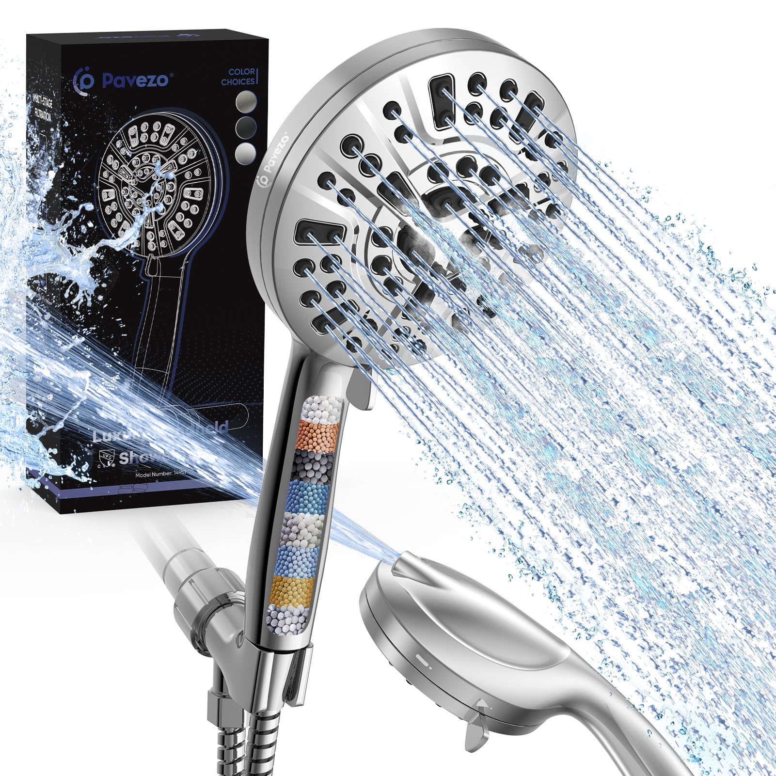 Pavezo High Pressure Shower Head Handheld 5" Large, Extra Long 72" SS Hose 10-mode Portable Detachable Shower Head with Hard Water Filter for Bathroom, Anti-clog & Powerful to Clean Tile & Pets