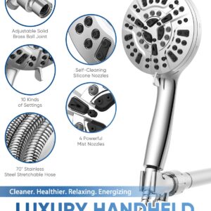 Pavezo High Pressure Shower Head Handheld 5" Large, Extra Long 72" SS Hose 10-mode Portable Detachable Shower Head with Hard Water Filter for Bathroom, Anti-clog & Powerful to Clean Tile & Pets