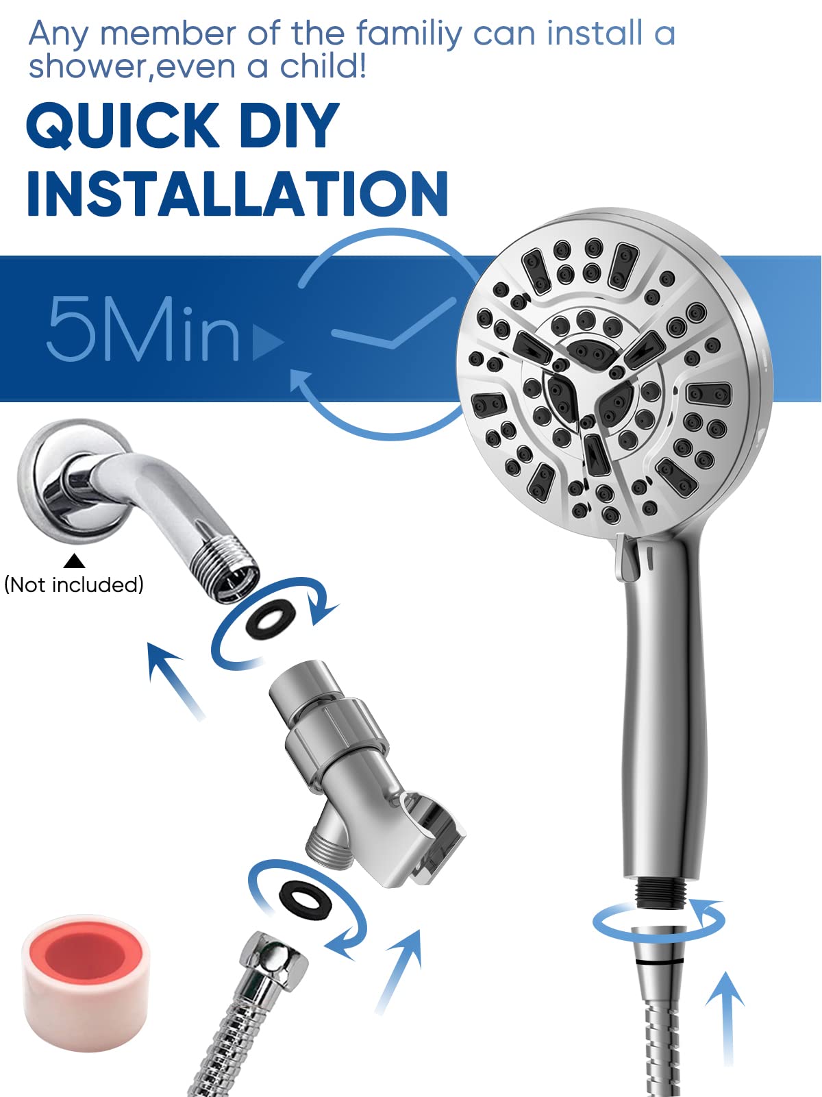 Pavezo High Pressure Shower Head Handheld 5" Large, Extra Long 72" SS Hose 10-mode Portable Detachable Shower Head with Hard Water Filter for Bathroom, Anti-clog & Powerful to Clean Tile & Pets