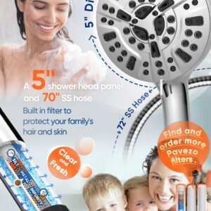 Pavezo High Pressure Shower Head Handheld 5" Large, Extra Long 72" SS Hose 10-mode Portable Detachable Shower Head with Hard Water Filter for Bathroom, Anti-clog & Powerful to Clean Tile & Pets