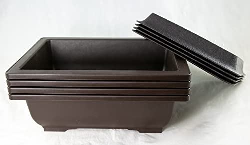 Calibonsai 4 Sets Rectangular Plastic Bonsai Training Pot, Cactus & Succulent Planter + Tray 10''x 7.5''x 3'' - Dark Brown