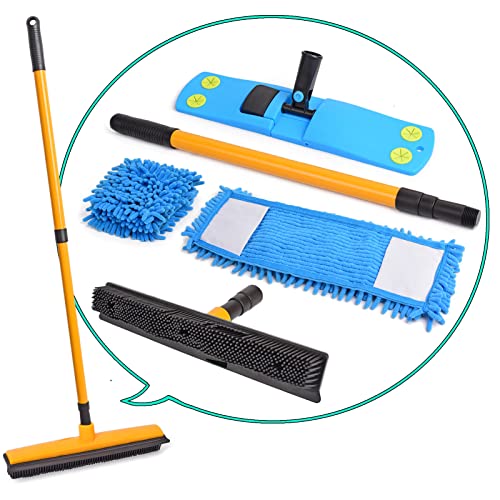 EJG Magic Pet Hair Remover, Rubber Broom & Squeegee & Mop, for Carpet Floor Cleaning, with Microfiber Dust Mop, Extendable, Silicone Bristles Long Handle Sweeper Household Hardwood Tiles Window