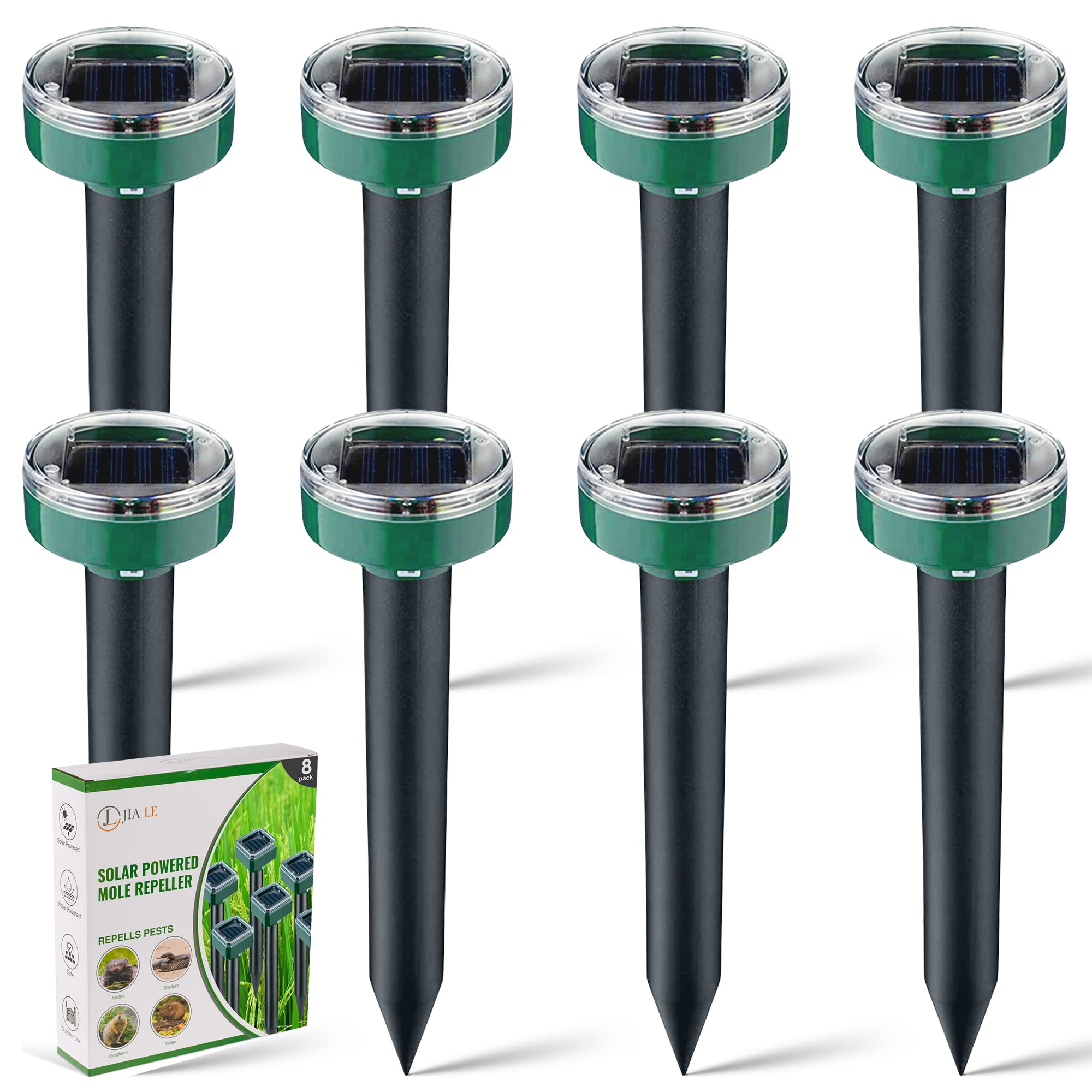 JL JIA LE Solar Mole Repellent 8 Pack Outdoor Ultrasonic Gopher Control Spikes Waterproof Sonic Device Ultrasonic Gopher Repellent