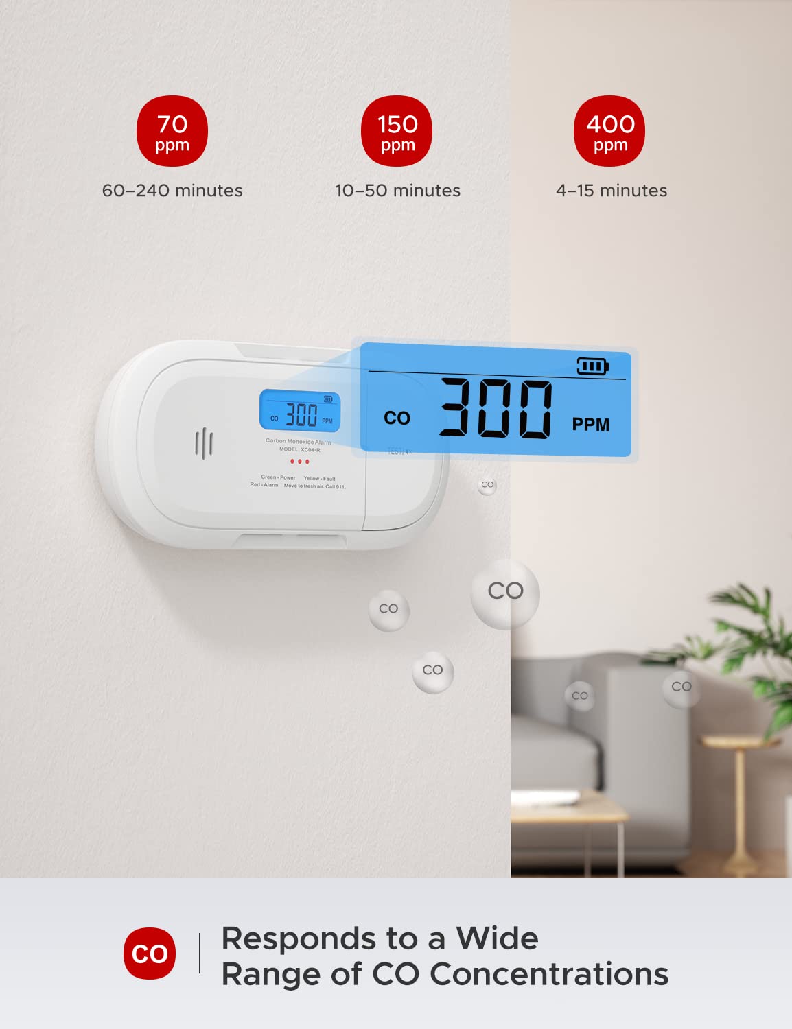 X-Sense Carbon Monoxide Detector Alarm with Digital LCD Display, CO Detector Alarm with 5-Year Replaceable Battery and Peak Value Memory, XC04-R