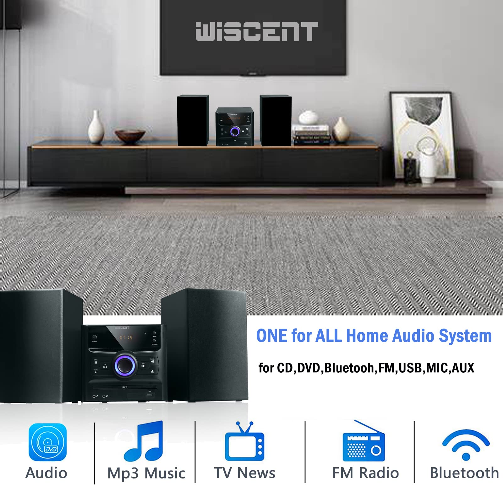 WISCENT Stereo Shelf System for Home with Bluetooth, CD Player, FM Radio, Mini Stereo DVD Player, USB MP3 Playback, AUX ,Mic, Headphone Jack, 30W Home Stereo (Compact Micro HiFi CD DVD Player)