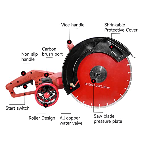 VICSEC 110V 6800W Electric Concrete Saw 14" Wet/Dry Circular Saw with 135 Saw Blade and Rolling Pulley Masonry Cutting Tool for Granite, Porcelain, Wood,Concrete, Stone, etc.