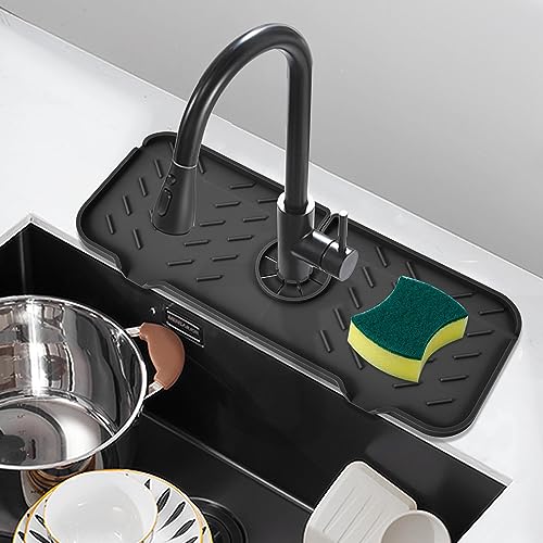 Silicone Faucet Mat for Kitchen, Sink Splash Guard, Sink Draining Pad Behind Faucet, Kitchen Sink Accessories, Faucet Absorbent Mat, Bathroom Faucet Water Catcher Mat (Black (14.6" x 5.6"))
