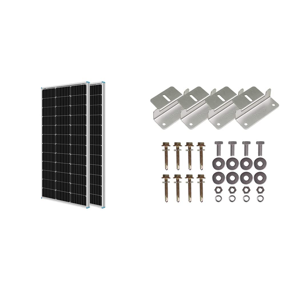 Renogy 2PCS 100 Watt Solar Panels 12 Volt Monocrystalline & Solar Panel Mounting Z Brackets Lightweight Aluminum Corrosion-Free Construction for RVs, Trailers, Boats, Yachts, one Set of 4 Units