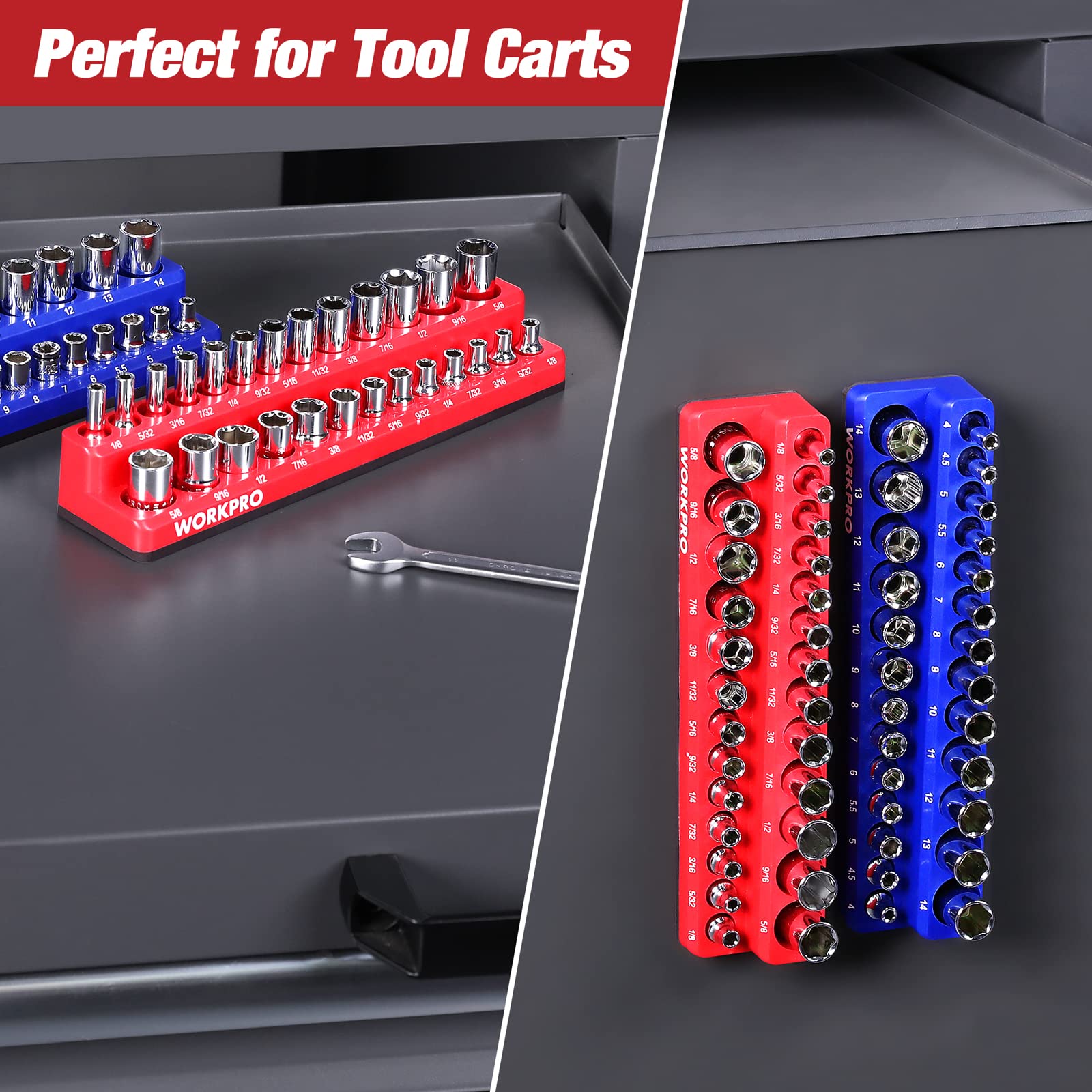 WORKPRO 1/4-inch Magnetic Socket Organizer Set, 2-Piece SAE & Metric Socket Holders, Holds 52 Standard and Deep Sockets for Tool Box, Tool Carts (Sockets Not Included)