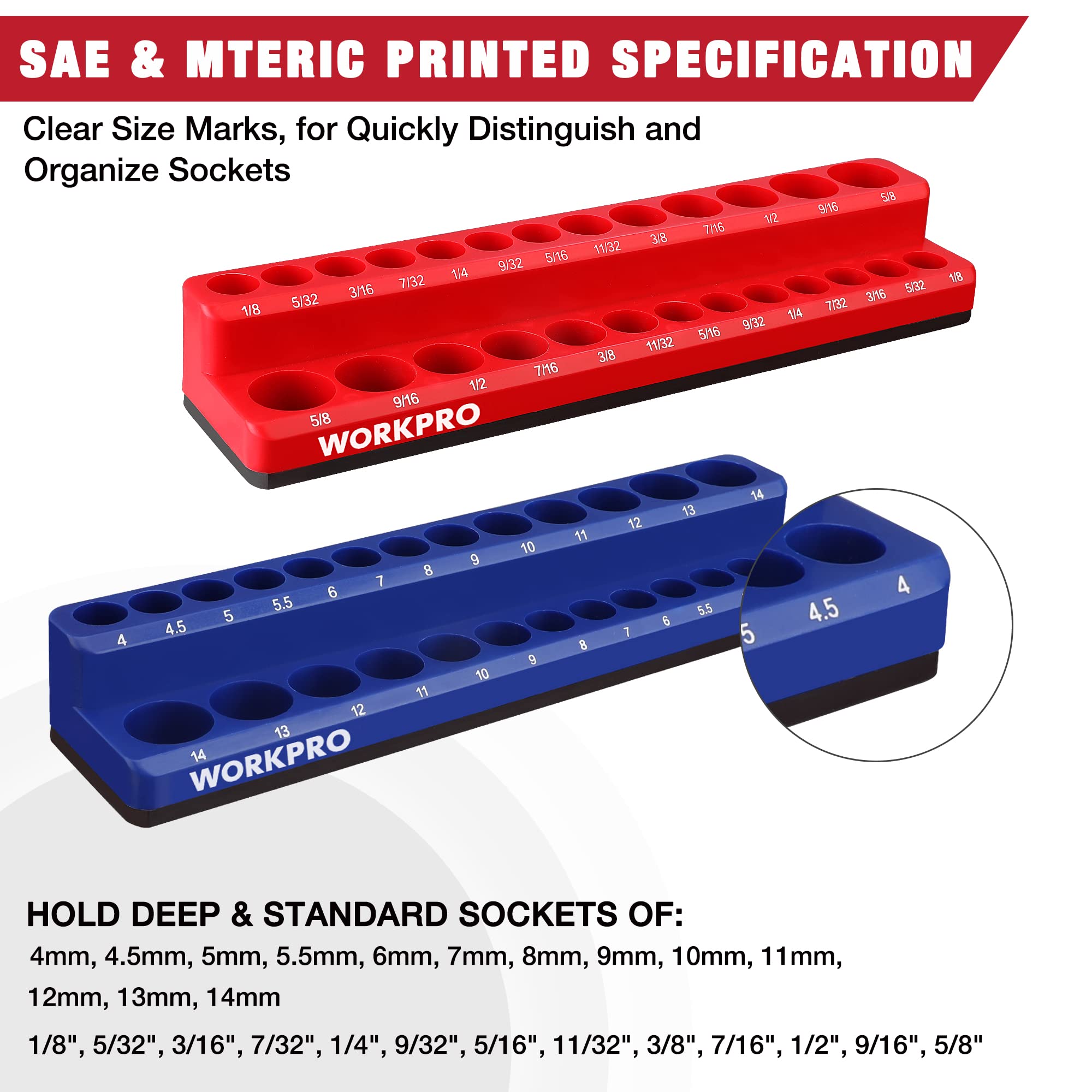 WORKPRO 1/4-inch Magnetic Socket Organizer Set, 2-Piece SAE & Metric Socket Holders, Holds 52 Standard and Deep Sockets for Tool Box, Tool Carts (Sockets Not Included)