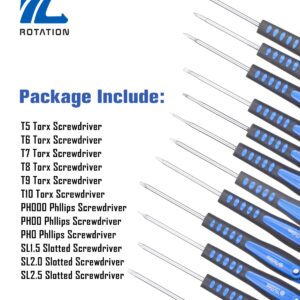 ROTATION 12-Piece Precision Screwdriver Set, Phillips, Slotted, Torx Star, Magnetic Screwdriver Repair Tool Kit, Non-Slip Grip, Swivel End Cap, for Eyeglass, Watch, Computer, Laptop, Phone