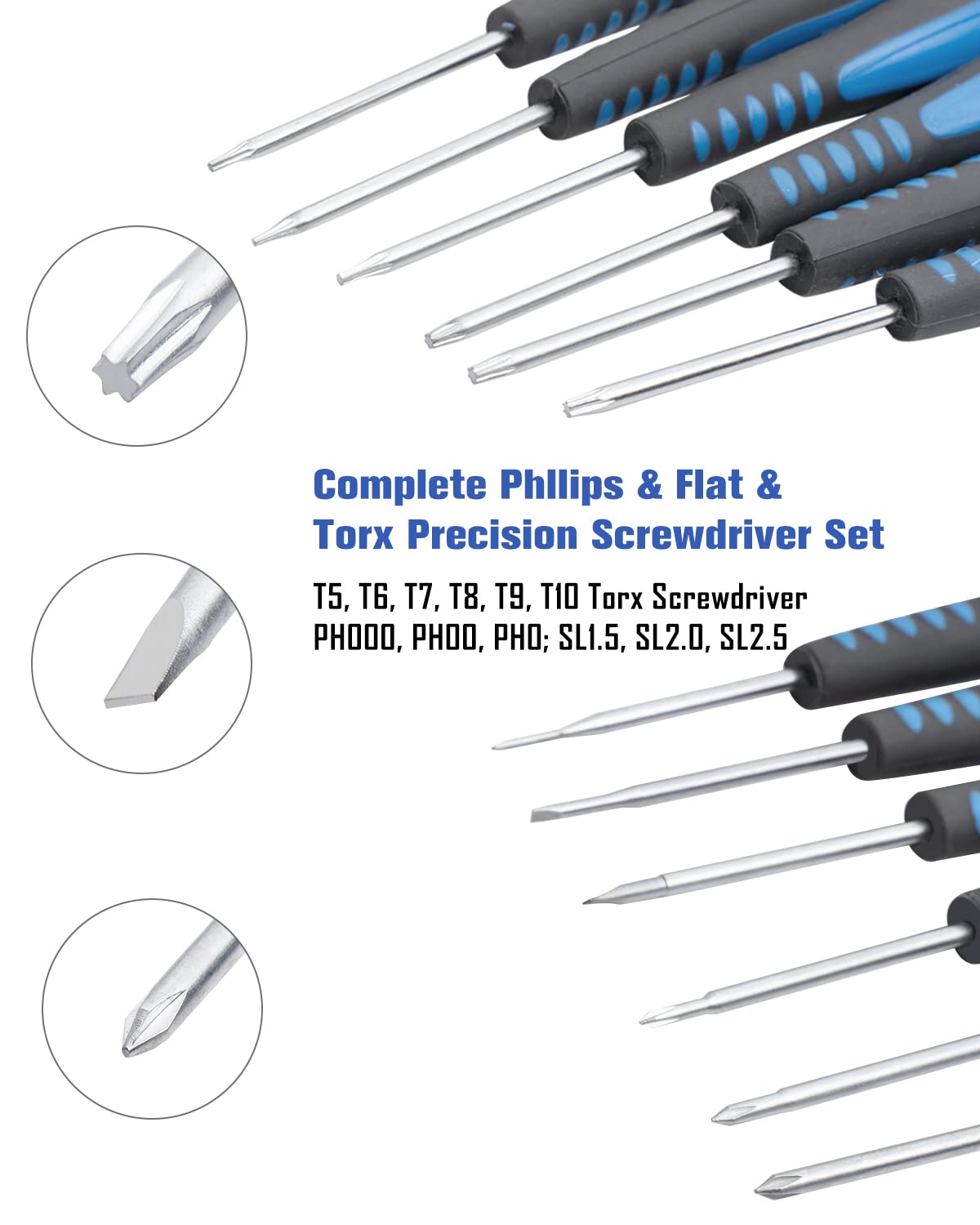 ROTATION 12-Piece Precision Screwdriver Set, Phillips, Slotted, Torx Star, Magnetic Screwdriver Repair Tool Kit, Non-Slip Grip, Swivel End Cap, for Eyeglass, Watch, Computer, Laptop, Phone