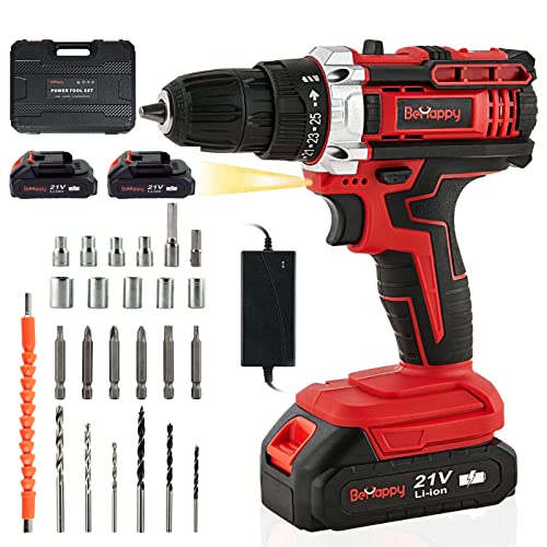 BeHappy Cordless Drill Set, 21V Power Drill Kit, Electric Power Drill Set with 2 Batteries and Charger, 25+3 Torque Setting, 2 Speed, 315 In-lb, LED, 23pcs Drill Bit, Impact Drill Set for Home, DIY