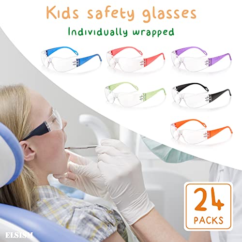 ELSISM 24 Pack Kids Safety Glasses in 6 Colors, UV Protection Eyewear for Children, Impact & Ballistic Resistant Protective Goggles with ANSI Z87+ Standards, for Science/Nurf Party/School/Landscaping