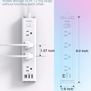 Surge Protector Power Strip - 10 FT Extension Cord, Power Strip with 12 Widely AC Outlet 3 USB, Flat Plug, Wall Mount Overload Protection, 1050J, Desk Charging Station for Home Office, ETL Listed