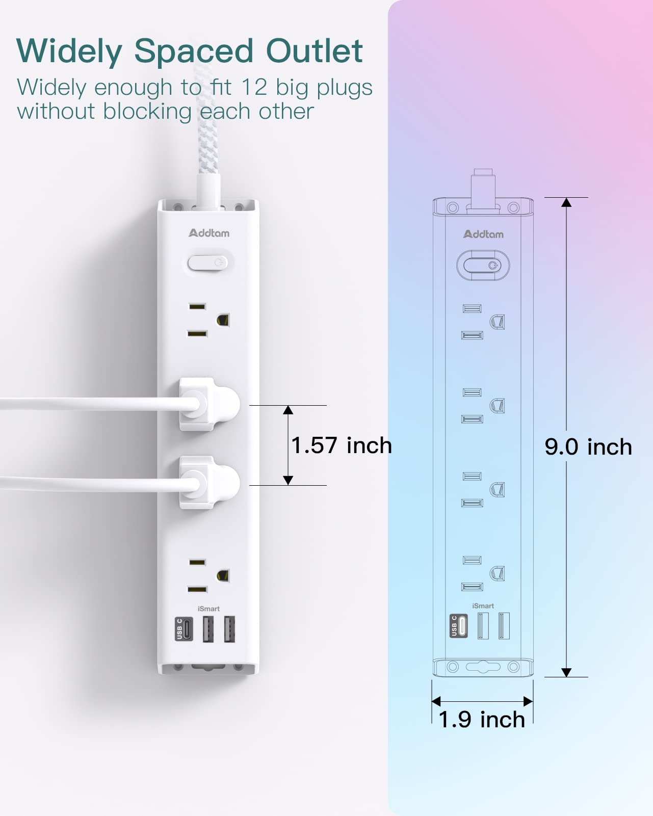 Surge Protector Power Strip - 10 FT Extension Cord, Power Strip with 12 Widely AC Outlet 3 USB, Flat Plug, Wall Mount Overload Protection, 1050J, Desk Charging Station for Home Office, ETL Listed