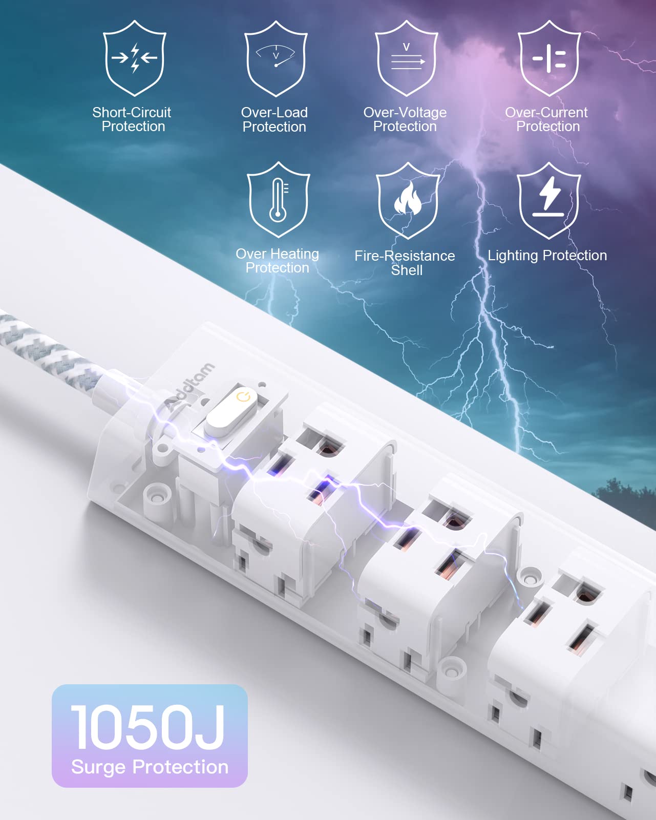 Surge Protector Power Strip - 10 FT Extension Cord, Power Strip with 12 Widely AC Outlet 3 USB, Flat Plug, Wall Mount Overload Protection, 1050J, Desk Charging Station for Home Office, ETL Listed
