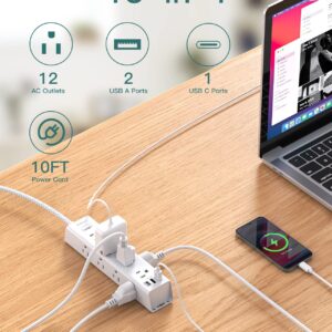 Surge Protector Power Strip - 10 FT Extension Cord, Power Strip with 12 Widely AC Outlet 3 USB, Flat Plug, Wall Mount Overload Protection, 1050J, Desk Charging Station for Home Office, ETL Listed