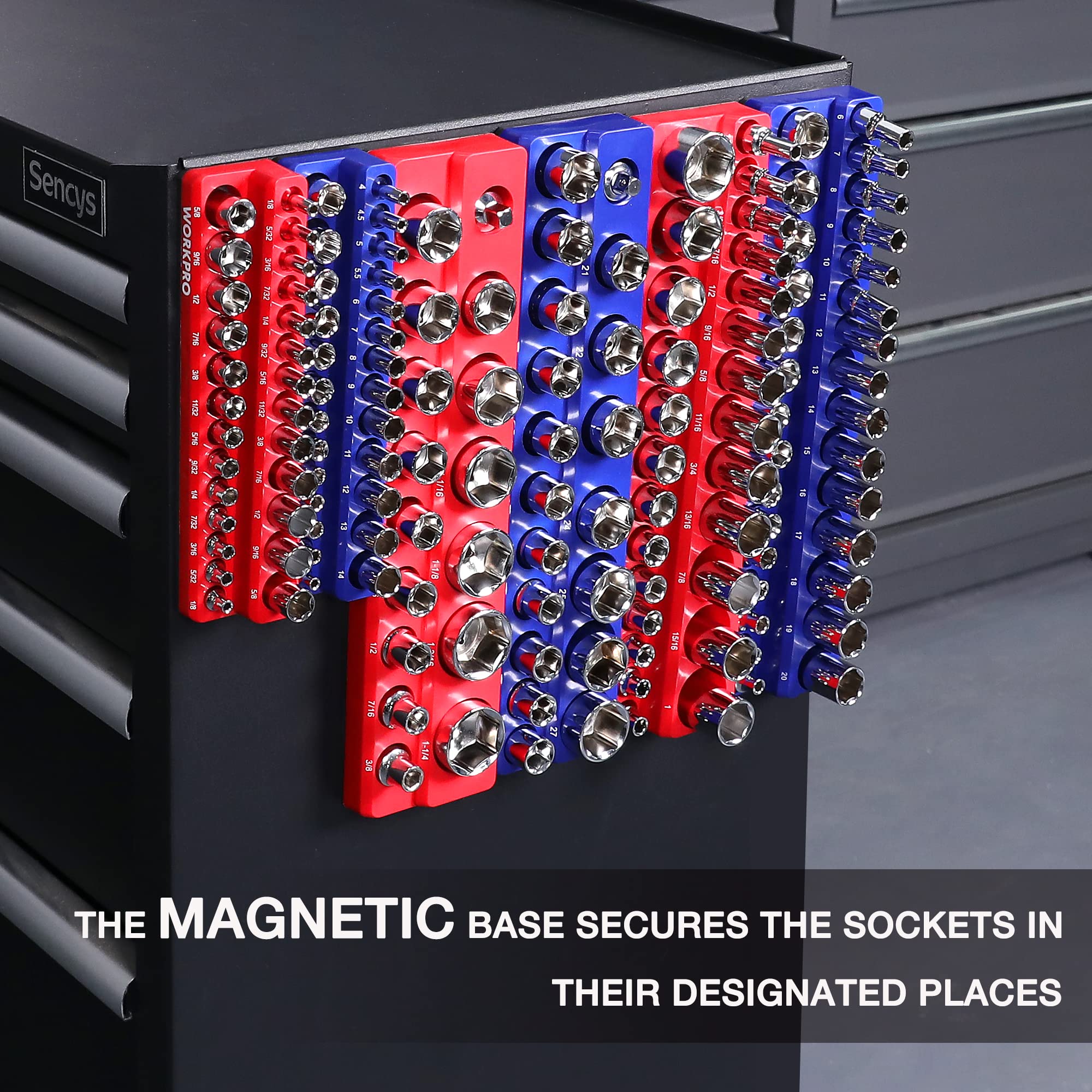 WORKPRO Magnetic Socket Organizer Set, 6-Piece Socket Holder Set Includes 1/4", 3/8", 1/2" Drive Metric SAE Socket Trays, Holds 141 Pieces Standard Size and Deep Size Sockets(Socket not Included)