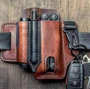 multitool sheath for belt, leather edc belt organizer, edc pocket organizer for men, with pen holder, key fob, flashlight sheath (light brown)