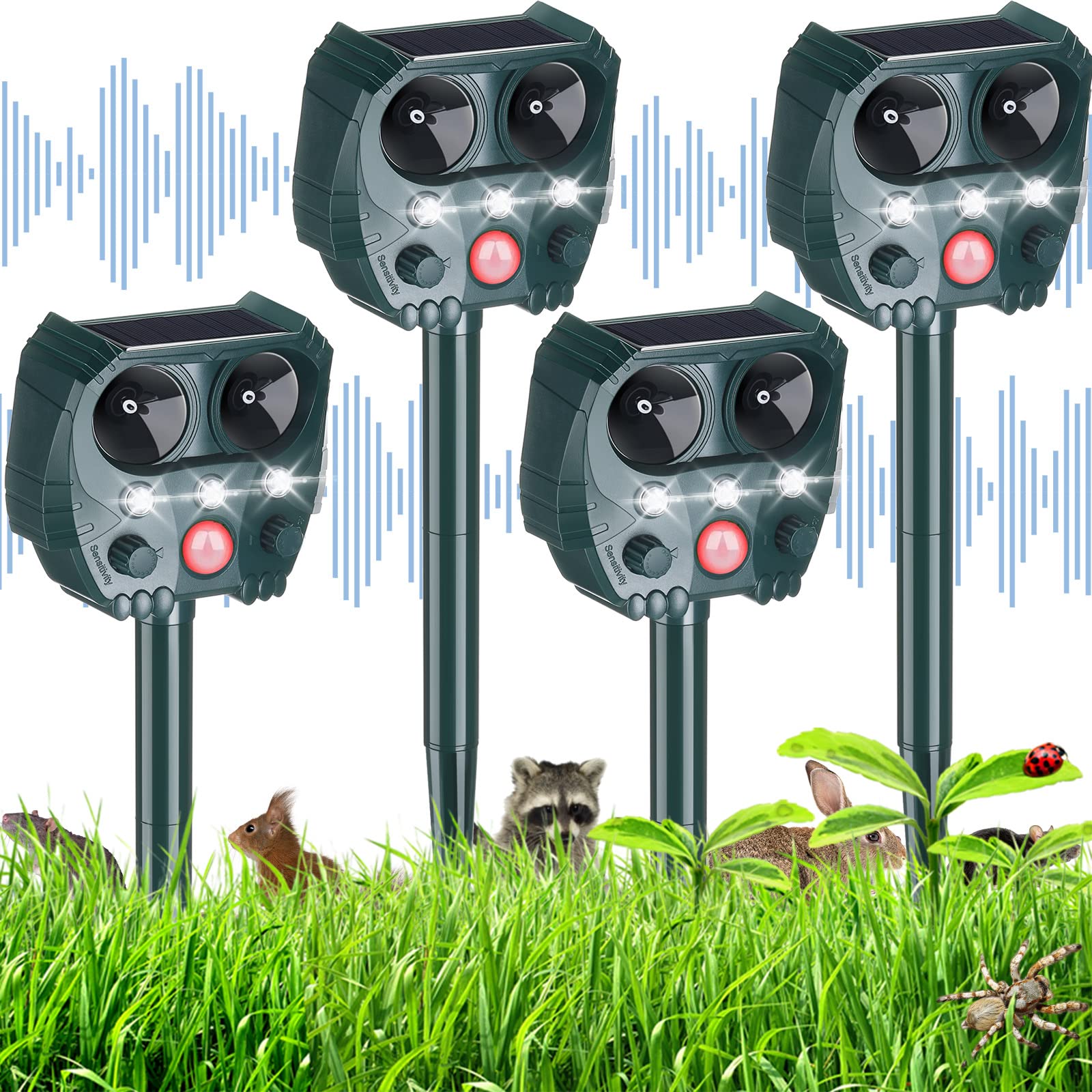 Green Ultrasonic Animal Repellent Outdoor Deterrent Devices Solar Pest Repeller with PIR Motion Sensor and LED Light Repel Squirrel Rodent Raccoon Skunk Deer for Yard Patio (4)