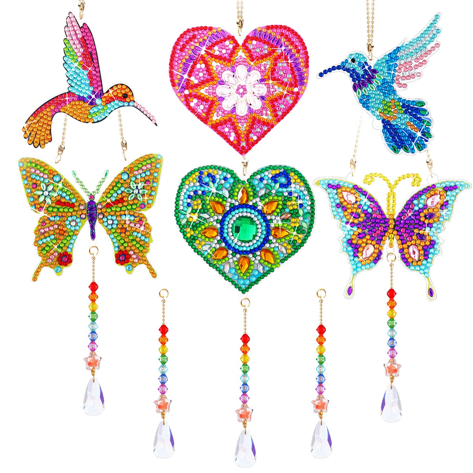 6 Pcs Diamond Painting Suncatcher Wind Chime Double Sided Diamond Painting Hanging Ornament 5D Crystal Butterfly Heart Hummingbird Suncatcher for Kids Adults Home Garden Art DIY Craft (Elegant Style)