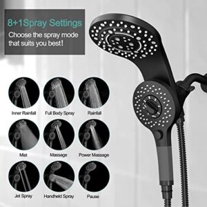 SR SUN RISE Magnetic Shower Faucets Sets Complete 8-Spray 2-in-1 Dual Shower Head with Handheld Combo and ON/OFF Switch for Saving Water Single-Handle Shower Faucet, Matte Black (Valve Included)