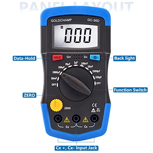 GOLDCHAMP Digital Multimeter Capacitance Meter 200pF-20mF Meter Capacitor Handheld Multimeter Tester with Multi Testers Manual Range Measure Tool, Back Light, Data Hold