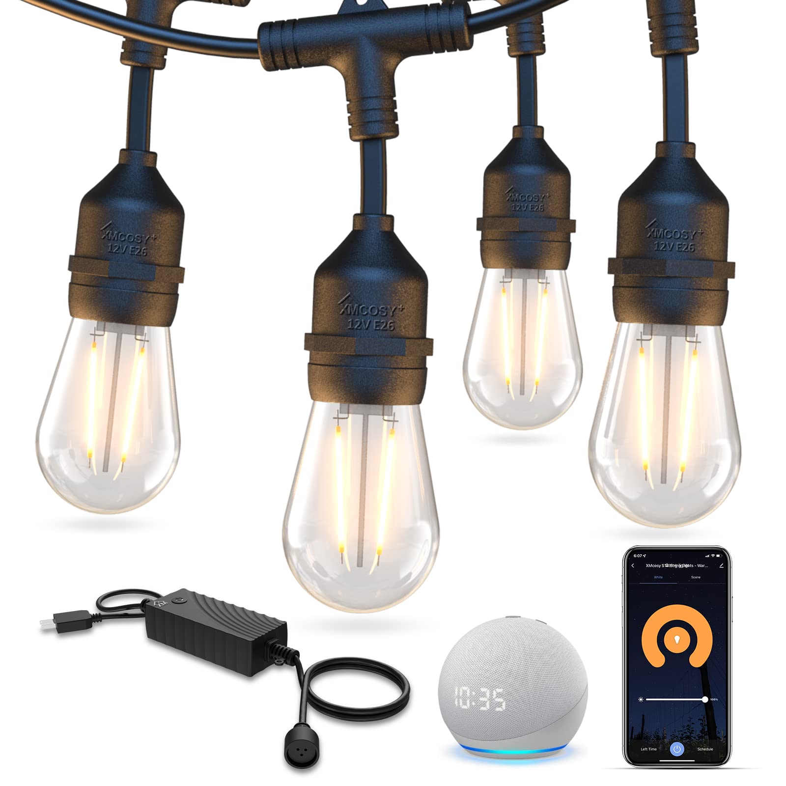 XMCOSY+ Smart LED Outdoor String Lights, 123Ft Patio Lights with 40 Shatterproof Dimmable Edison Bulbs, WiFi & App Control, Work with Alexa, IP65 Waterproof String Lights for Outside Bistro Porch