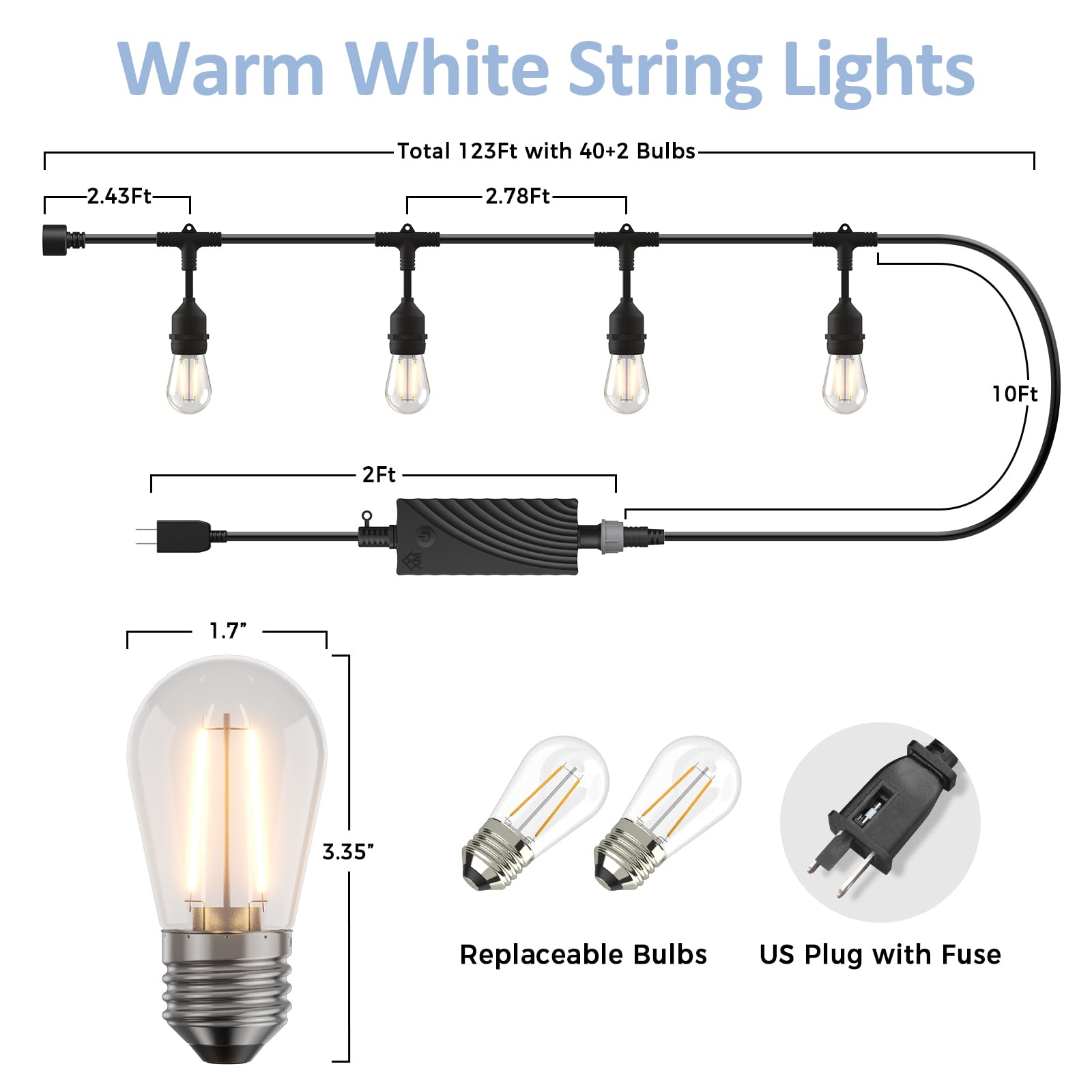 XMCOSY+ Smart LED Outdoor String Lights, 123Ft Patio Lights with 40 Shatterproof Dimmable Edison Bulbs, WiFi & App Control, Work with Alexa, IP65 Waterproof String Lights for Outside Bistro Porch