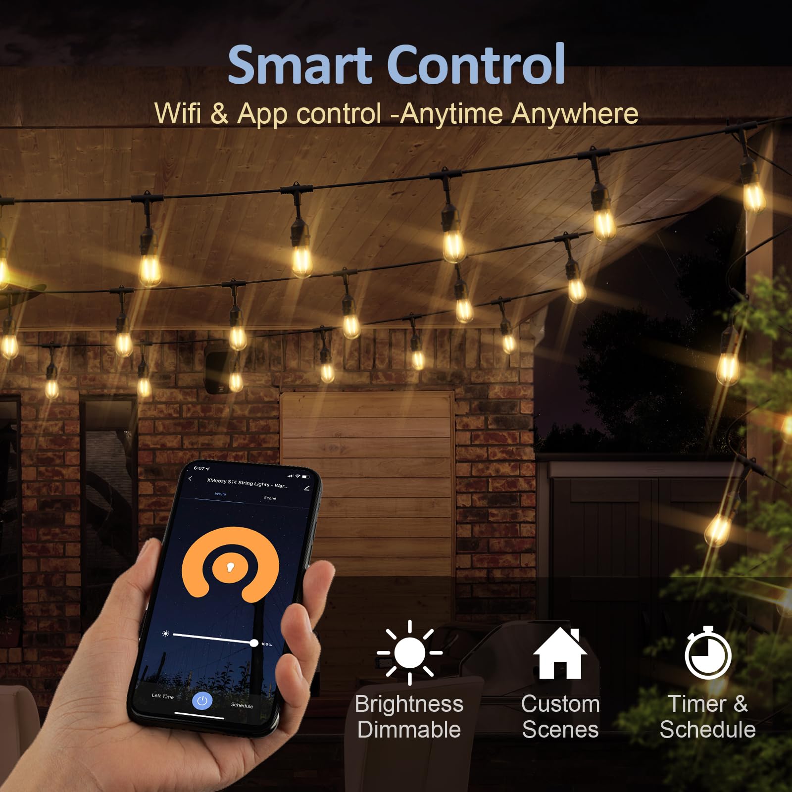 XMCOSY+ Smart LED Outdoor String Lights, 123Ft Patio Lights with 40 Shatterproof Dimmable Edison Bulbs, WiFi & App Control, Work with Alexa, IP65 Waterproof String Lights for Outside Bistro Porch